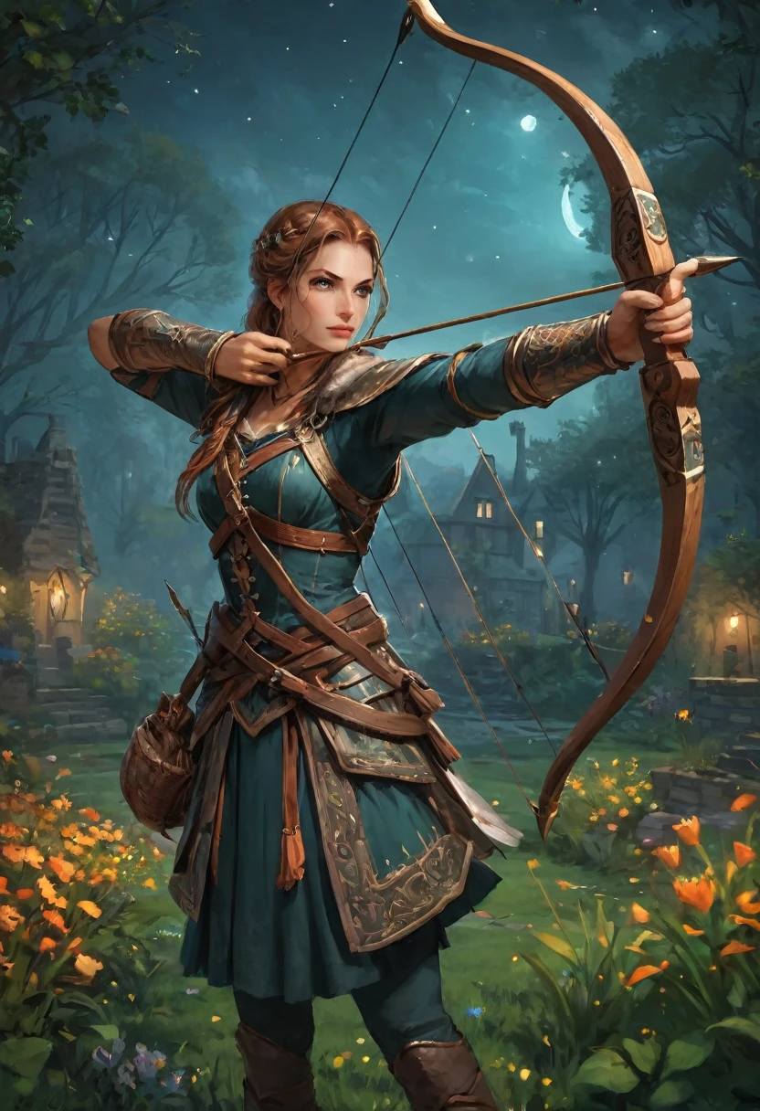 best quality, High target_solve, clearly_image, Detailed background ,1 Archer Woman, garden, night,Hook of Holland, Wide-angle lens, crown,