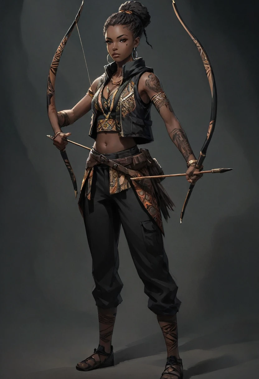 アニメスタイル, アフリカの弓矢少女, アフリカンベストジャケットを着て, 黒いズボン, コントラストの高い暗い環境では. 腕に複数のタトゥー
