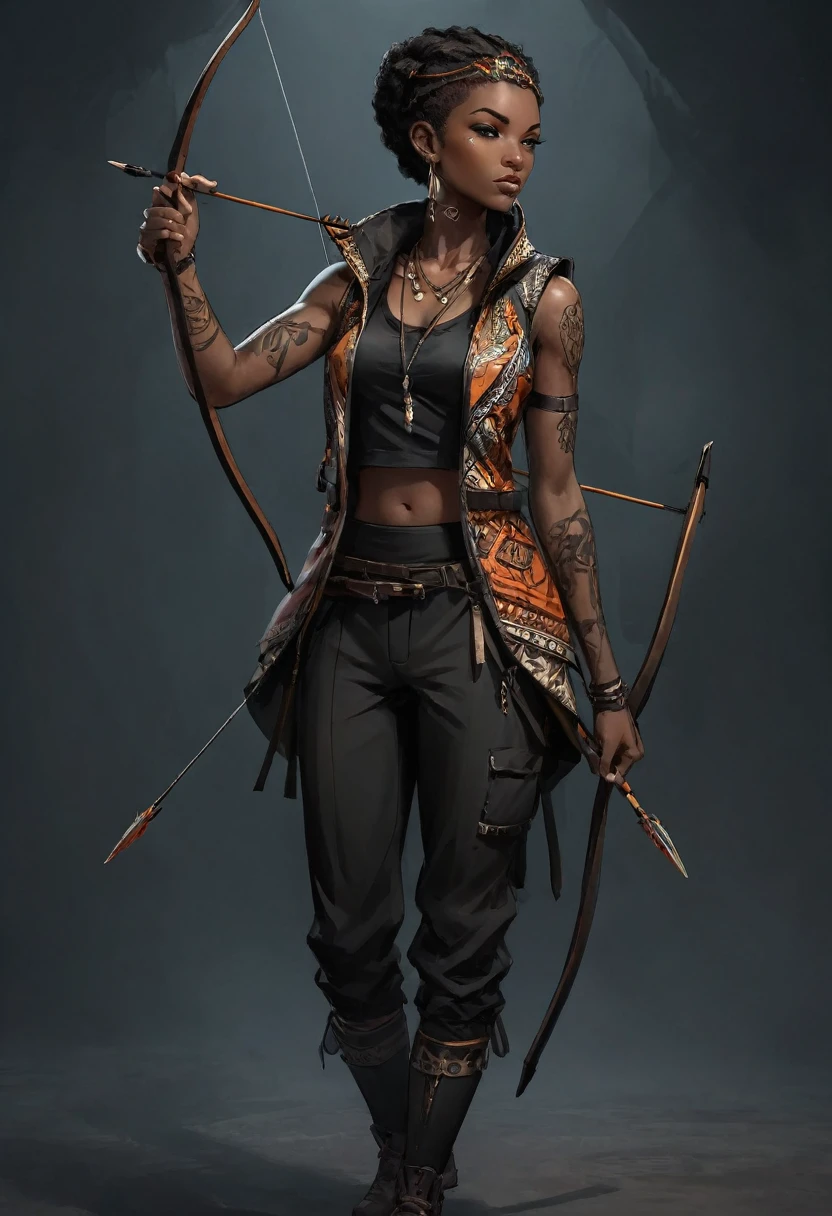 Style animé, Fille archer africaine, Porter une veste africaine, pantalon noir, Dans un environnement sombre avec un contraste élevé. Plusieurs tatouages sur les bras