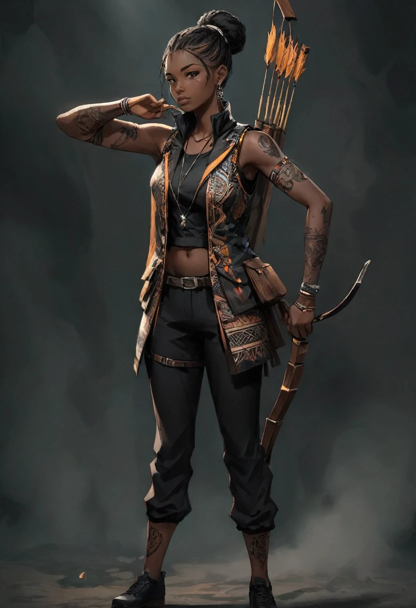 Style animé, Fille archer africaine, Porter une veste africaine, pantalon noir, Dans un environnement sombre avec un contraste élevé. Plusieurs tatouages sur les bras