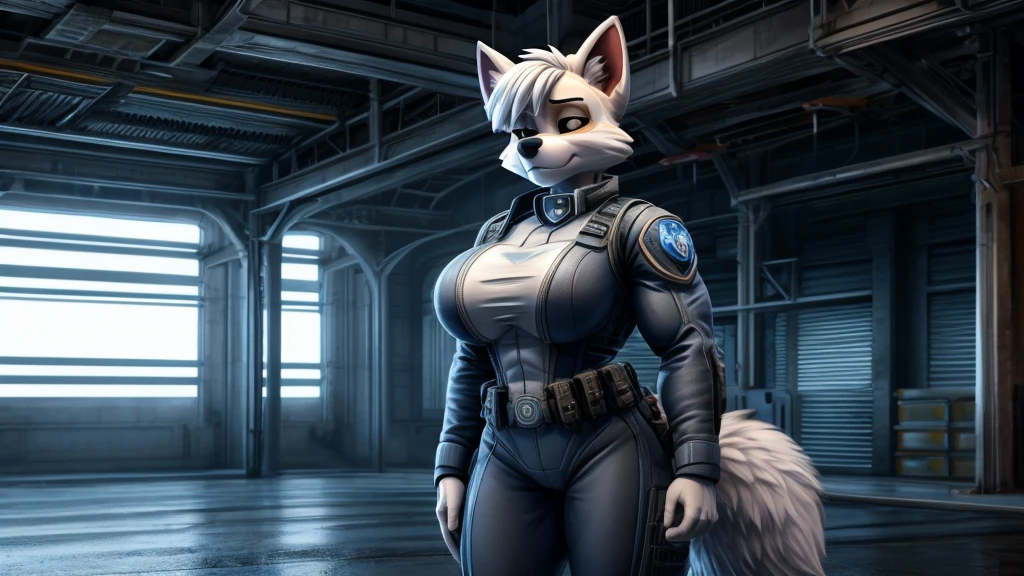 Skye from Paw Patrol, as a female white fox, fluffy white short hair, fringe covering eyes, mature adult, big breasts, big butt, muscular, slim, white combat suit, standing, serious, detailed, solo, beautiful, high quality, 4K