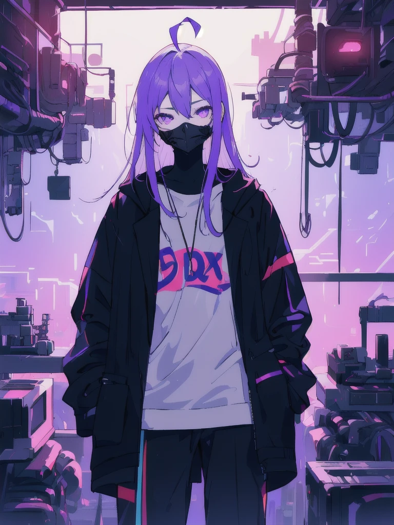 ((masterpiece)), (best quality), ((highres)), 4K, Detailed, (Ambient Light, Digital Art, Soft Lighting, extremely detailed 8K wallpaper:1.2), BREAK 1girl, solo, pale skin, violet eyes, violet hair, ahoge, (absurdly long hair:1.1), flat chest, cyberpunk scenery, black jacket, pants, shirt, night, hand in pocket, looking at viewer, hair between eyes, expressionless, rtx, neon light, black medical mask