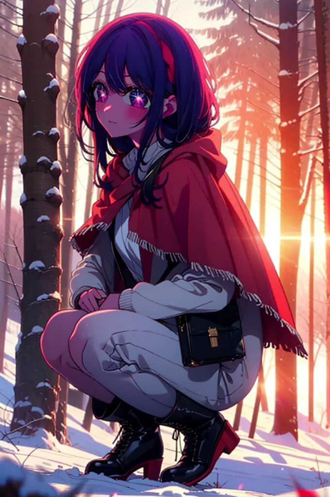 aihoshino, Ai Hoshino, Long Hair, bangs, (Purple eyes:1.1), Purple Hair, (Symbol-shaped pupil:1.5), smile,,smile,blush,White Breath,
Open your mouth,snow,Ground bonfire, Outdoor, boots, snowing, From the side, wood, suitcase, Cape, Blurred, , forest, White handbag, nature,  Squat, Mouth closed, Cape, winter, Written boundary depth, Black shoes, red Cape break looking at viewer, Upper Body, whole body, break Outdoor, forest, nature, break (masterpiece:1.2), Highest quality, High resolution, unity 8k wallpaper, (shape:0.8), (Beautiful and beautiful eyes:1.6), Highly detailed face, Perfect lighting, Highly detailed CG, (Perfect hands, Perfect Anatomy),