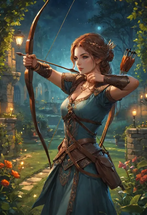 best quality, High target_solve, clearly_image, Detailed background ,1 Archer Woman, garden, night,Hook of Holland, Wide-angle l...