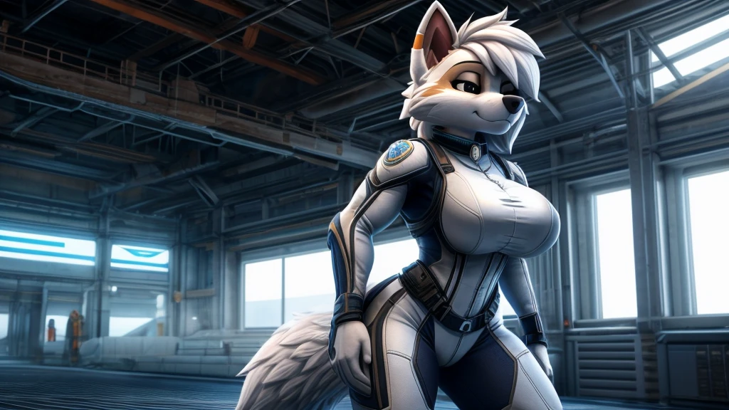 Skye from Paw Patrol, as a female white fox, fluffy white hair with fringe covering eyes, mature adult, big breasts, big butt, muscular, slim, white combat suit, standing, serious, detailed, solo, beautiful, high quality, 4K