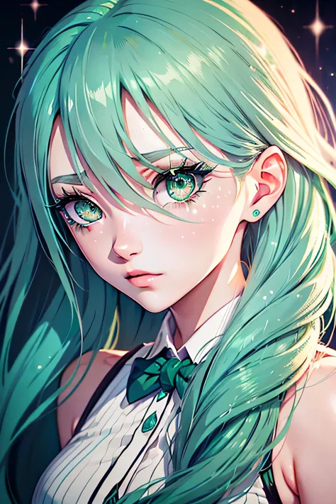 seafoam green hair, long hair, hair strand, pupils sparkling, (((seafoam green eyelashes))), anime style, anime eyes, close up, ...