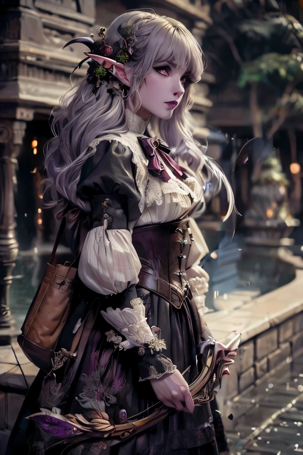 (Ultra-detailed face, looking away), (Fantasy Illustration with Gothic & Ukiyo-e & Comic Art), (A middle-aged dark elf woman with silver hair, blunt bangs, very long disheveled hair, and dark purple skin, lavender eyes), (She is wearing a dark red Victorian blouse, lacy skirt, and knee-length light red laced sandals), (DeepwoodStalker:She stands by the fountain, one hand straight outstretched, firing arrows from a large bow:1.2)