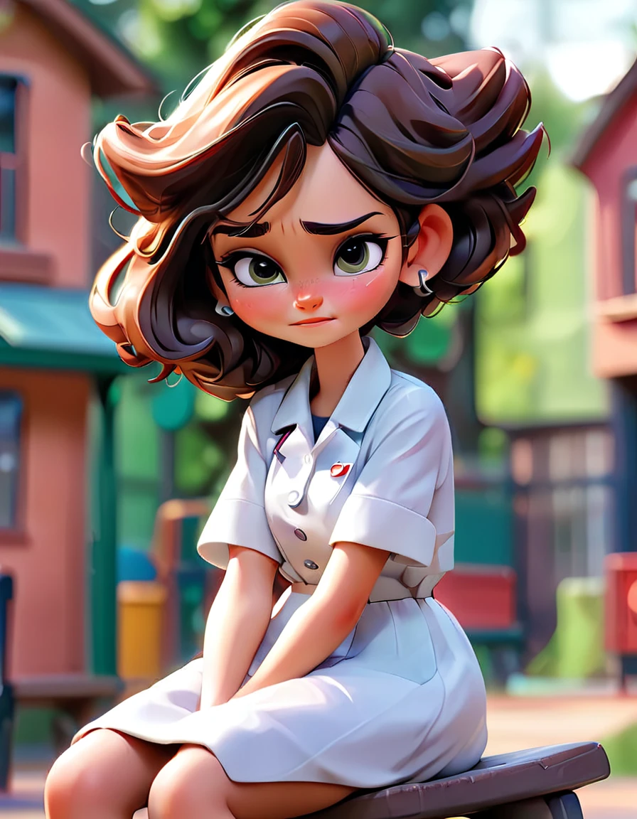 School scene, the background in blur, a girl sitting on the playground, He grabs his elbow because it hurts while (2 people serve, a doctor and a nurse) to make you feel better.

The girl looks and smiles a little at the doctor who calms her down.. (There are other children around who look blurry) (High Definition) (8k) 