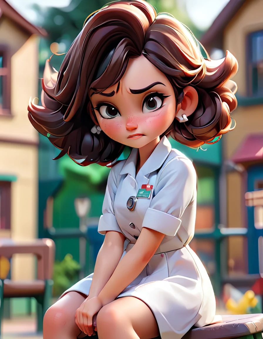 School scene, the background in blur, a girl sitting on the playground, He grabs his elbow because it hurts while (2 people serve, a doctor and a nurse) to make you feel better.

The girl looks and smiles a little at the doctor who calms her down.. (There are other children around who look blurry) (High Definition) (8k) 