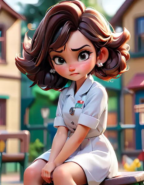 School scene, the background in blur, a girl sitting on the playground, He grabs his elbow because it hurts while (2 people serv...