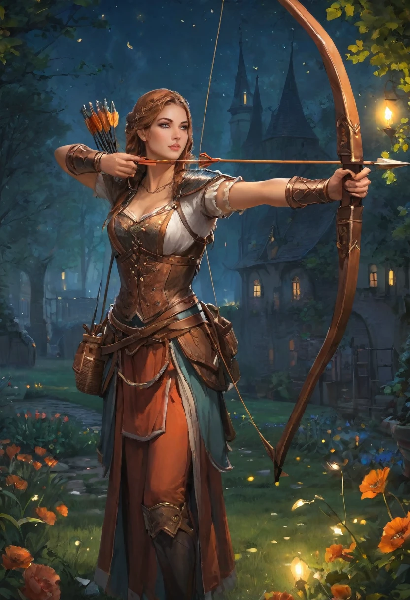 best quality, High target_solve, clearly_image, Detailed background ,1 Archer Woman, garden, night,Hook of Holland, Wide-angle lens, crown,
