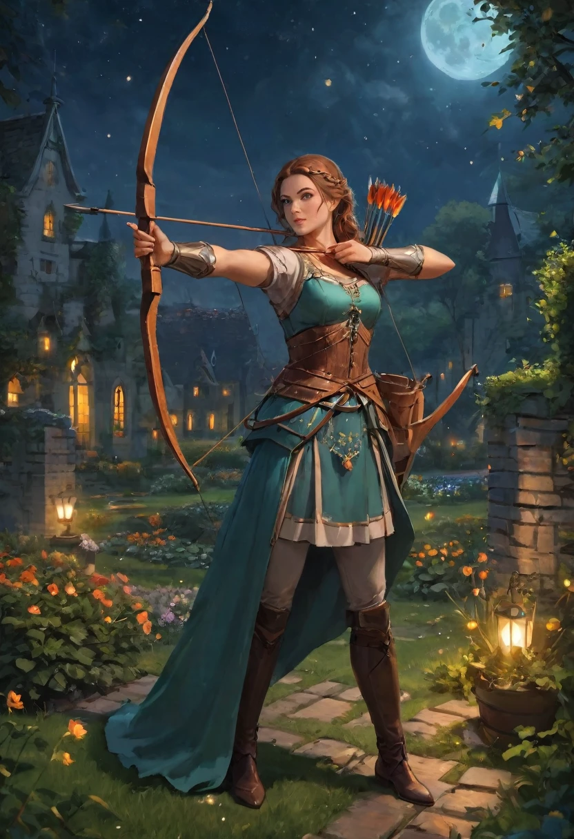 best quality, High target_solve, clearly_image, Detailed background ,1 Archer Woman, garden, night,Hook of Holland, Wide-angle lens, crown,