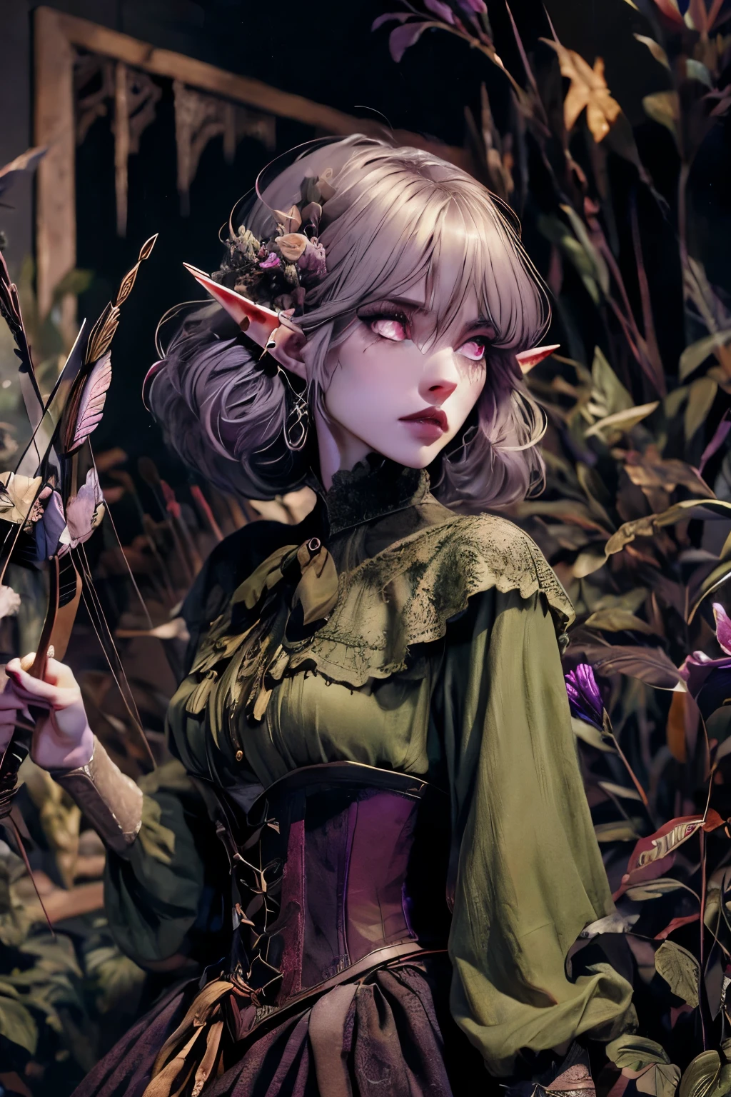 (Ultra-detailed face, looking away), (Fantasy Illustration with Gothic & Ukiyo-e & Comic Art), (A middle-aged dark elf woman with silver hair, blunt bangs, very long disheveled hair, and dark purple skin, lavender eyes), (She is wearing a dark red Victorian blouse, lacy skirt, and knee-length light red laced sandals), (DeepwoodStalker:She stands by the fountain, one hand straight outstretched, firing arrows from a large bow:1.2)