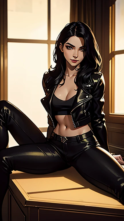 a beautiful young woman, (1girl:1.2), full body portrait, realistic, photorealistic, masterpiece, 8k, high detail, realistic skin textures, extremely detailed face and eyes, long black hair, fit and athletic body, 18 years old, smiling shyly and looking slightly embarrassed, seductive and sexy pose, black long pants, black leather jacket, dramatic lighting, cinematic composition, warm color tones