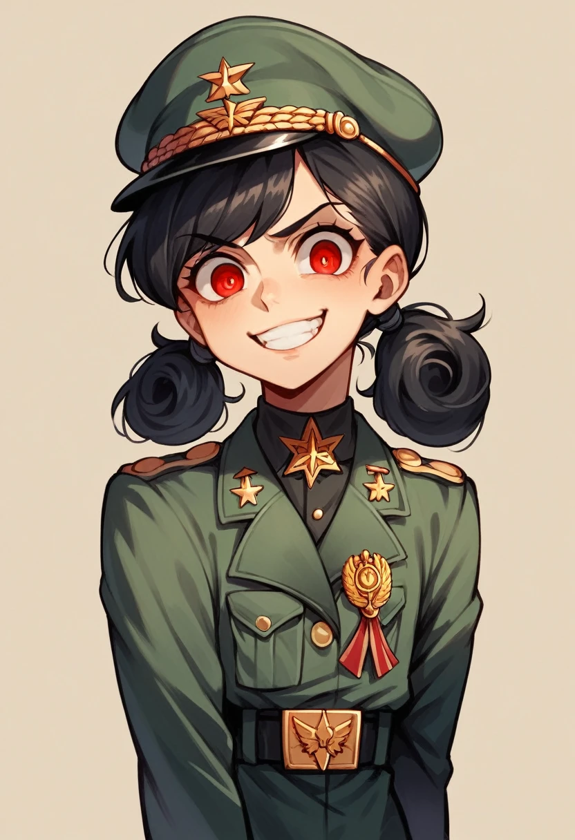 Ridiculous resolution, high resolution, very detailed, In World War II military uniform, battlefield, ,black german soldier uniform, young face, sly expression, evil smile, black hair, red eyes, femboy, cartoon, Anime, black clothes,