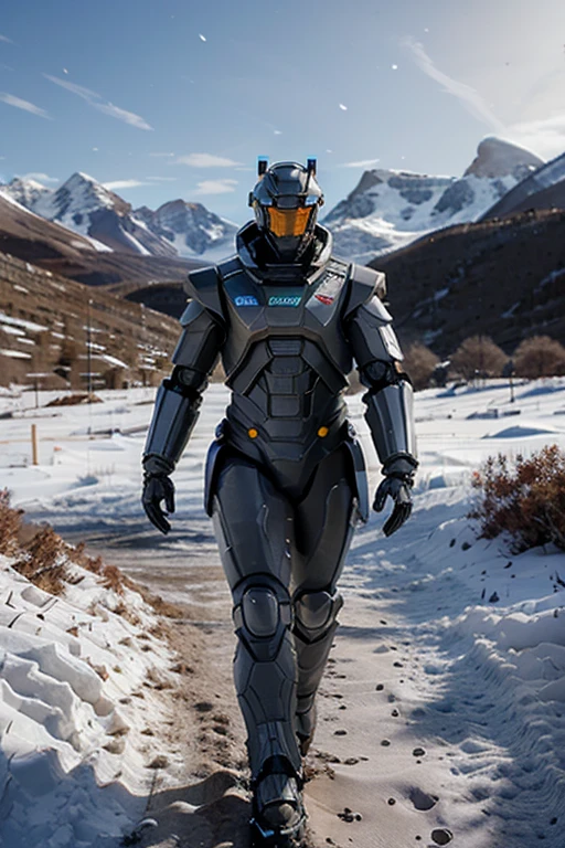 A golden and gray humanoid robot walking, researching the soil with an LED light that touches the ground, carrying out analyzes and collecting samples of soil components , not just with snow, in the background frozen mountains (( there is no vegetation and there are no trees on this planet)).View outside the ship.
