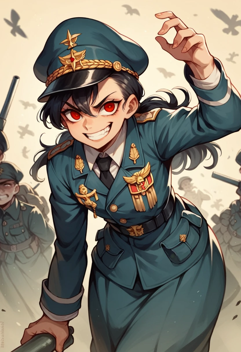 Ridiculous resolution, high resolution, very detailed, In World War II military uniform, battlefield, ,black german soldier uniform, young face, sly expression(Without seeing teeth), evil smile, black hair, red eyes, femboy, cartoon, Anime, black clothes,