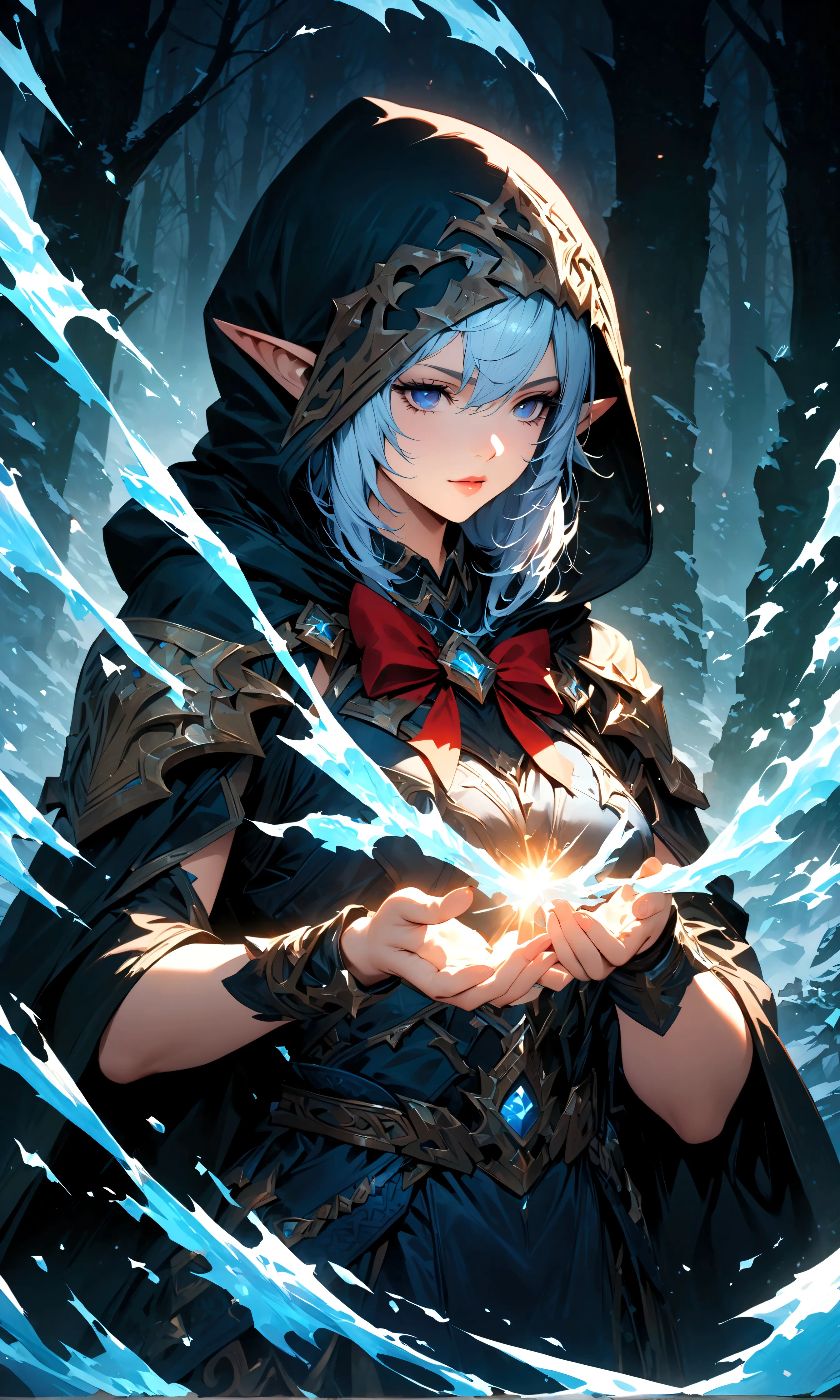 (Ashe: the Frost Archer,Characters appearing in League of Legends,female elf warrior with a bow),nordic forest background,black ...