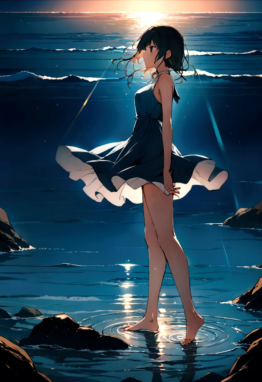 ((masterpiece, highest quality)), at night, thin clothes, girl, put one foot in the sea water with only toes, girl standing, gir...