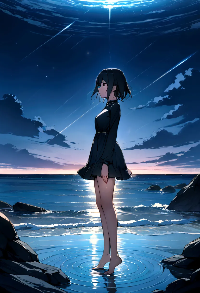 ((masterpiece, highest quality)), at night, thin clothes, girl, put one foot in the sea water with only toes, girl standing, gir...