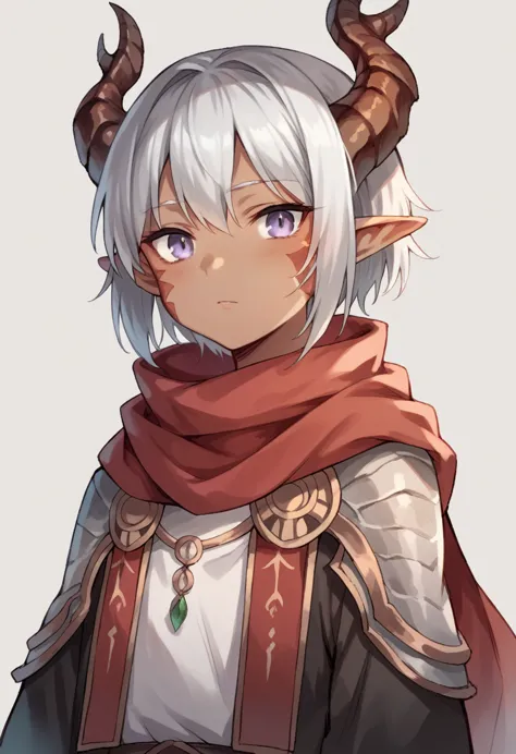 Small anime girl, dark skin, short silver hair, dragon-like gray eyes, elf ears, dragon-like horns with scales, wearing red scar...