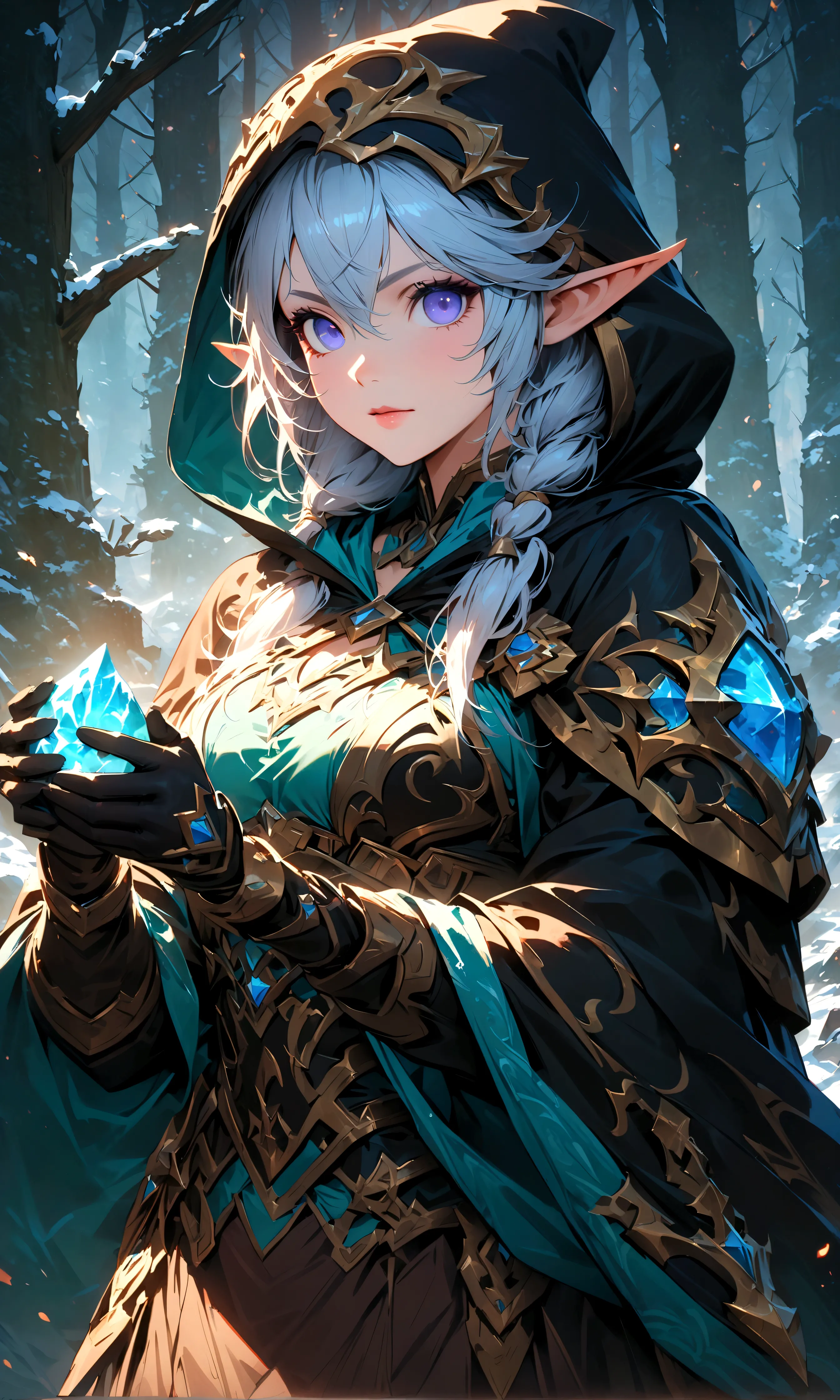 (ashe: the frost archer,characters appearing in league of legends,female elf warrior with a bow),nordic forest background,black ...