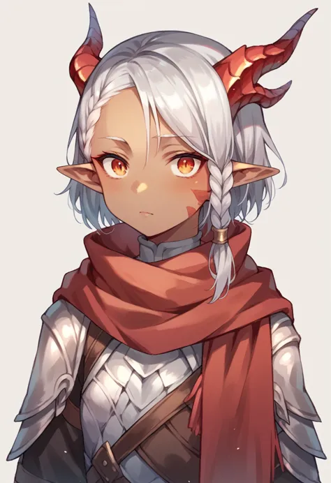 Small anime girl, dark skin, short silver braided hair, dragon-like eyes, elf ears, dragon-like horns with scales, wearing red s...