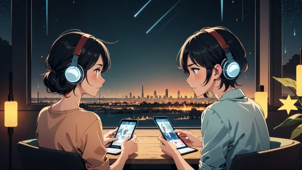 Create a scene of a  looking outside, Listening to music on headphones, In a quiet and relaxing environment, Short black hair, View from behind, Gazing at the horizon, At night, and through the window you can see fireflies and a beautiful landscape full of stars At night, Characters with lots of detail on their faces, hands and hair,Illustration Style、Showa anime、ukiyo-e、((girl))、Tokyo、Soft Touch、((Modern))、summer、High resolution, samba, latina,Rainy night,Tokyo