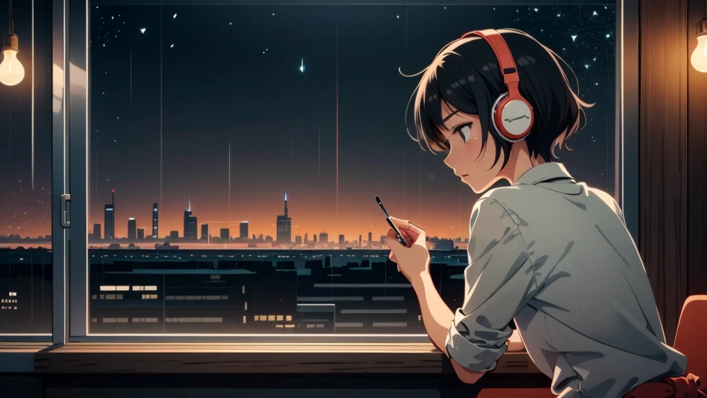 Create a scene of a  looking outside, Listening to music on headphones, In a quiet and relaxing environment, Short black hair, View from behind, Gazing at the horizon, At night, and through the window you can see fireflies and a beautiful landscape full of stars At night, Characters with lots of detail on their faces, hands and hair,Illustration Style、Showa anime、ukiyo-e、((girl))、Tokyo、Soft Touch、((Modern))、summer、High resolution, samba, latina,Rainy night,Tokyo