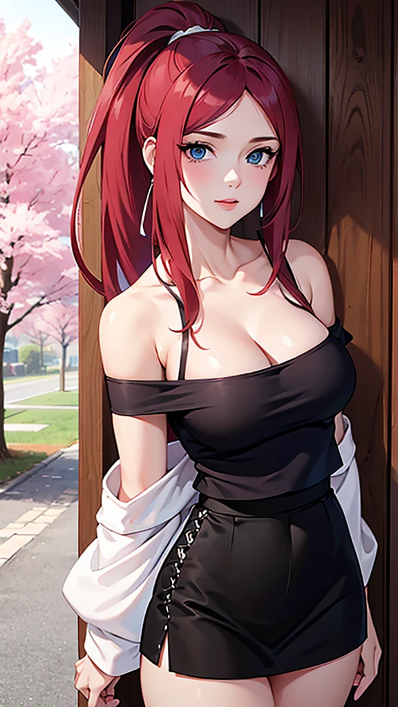 best quality, highres,uzumaki_kushina,Slender、small face、blue eyes、tall、In town、long hair、ponytail,(white short sleeve t-shirt:1.4 BREAK)、(black skirt:1.2)、(beautiful woman:1.5)、25 years old、Mature、midriff peek,(off-the-shoulder:1.3)、(I can see the cleavage:1.3),face on front , standing,cherry trees,full body shot,huge breast