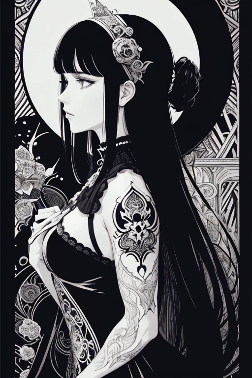 Beardsley style,ink art, pen and ink, (Best Quality,masutepiece:1.2),(black and white comic core:1.1),(extreme high contrast), 8K, SILHOUETTE, Dark ink, 1 beautiful girl, side view, Profile, victorian_gothic_costume, long_hair, bangs, Very_beautiful_face, very_beautiful_eyes, even_eyes