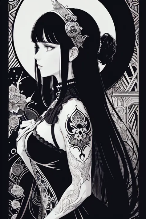 Beardsley style,ink art, pen and ink, (Best Quality,masutepiece:1.2),(black and white comic core:1.1),(extreme high contrast), 8...