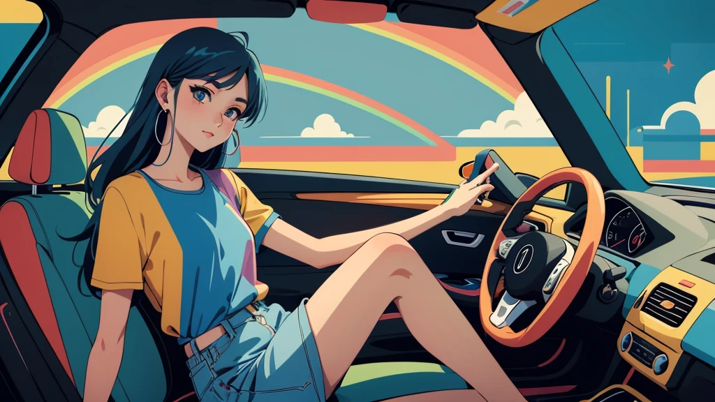 masterpiece, Highest quality, Rainbow Style, anime, Beautiful Asian Girl, K-Pop aesthetics and style, tattoo, tattoo - inspired, Sitting in a car, 80s American hippie style, Along the Hawaiian Coast, Cute and dreamy,anime,Illustrator,LOFI Girl,