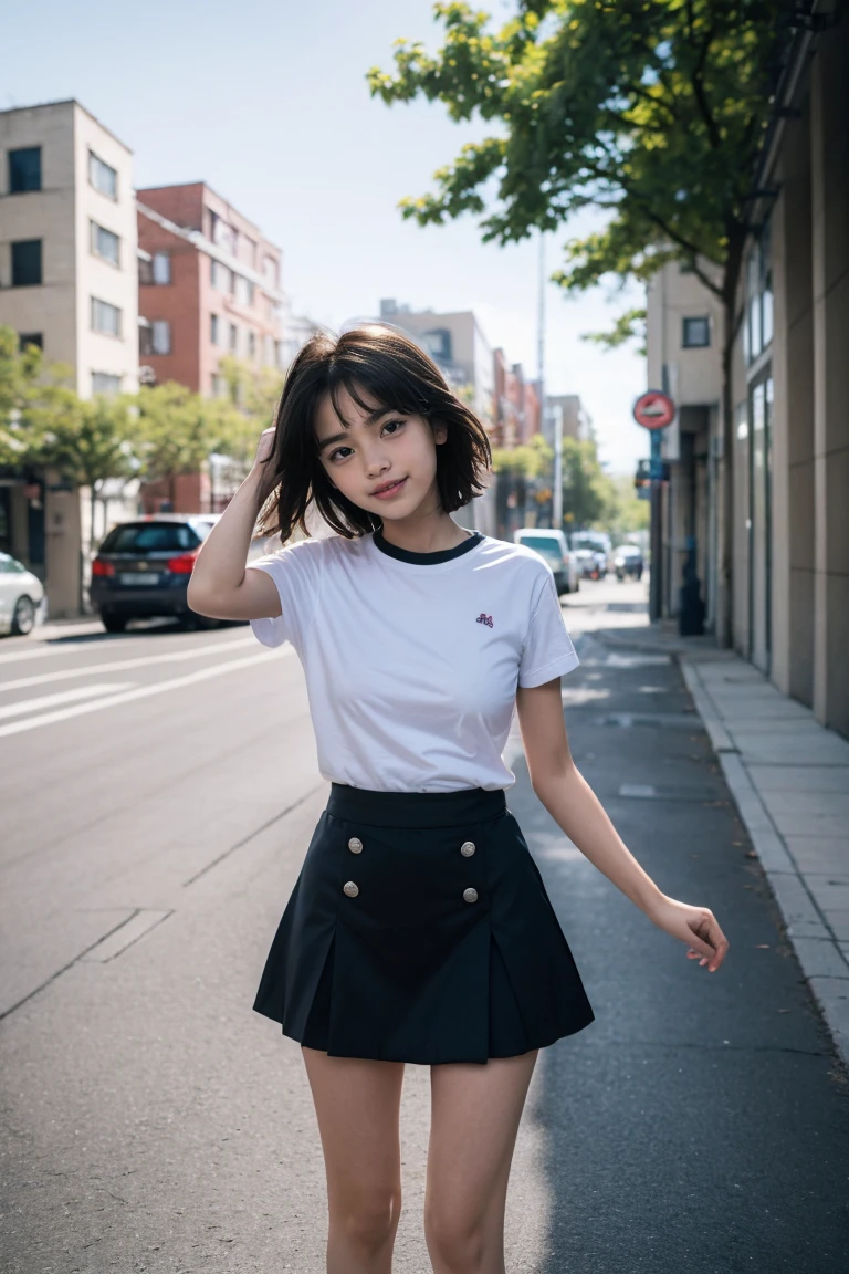 (8K),(masterpiece),(Japanese),(8-year-old girl),((Innocent look)),((Childish)),From the front and above,smile,cute,Innocent,Kind eyes,Plain T-shirt,Short sleeve,Blue checked short skirt,semi-long,Hair blowing in the wind,Black Hair,Somewhat strong wind,noon,bright、Nipples