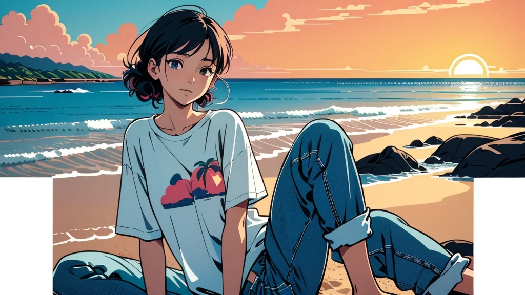 masterpiece, Highest quality, アニメ, Beautiful Asian Girl, K-Pop aesthetics and style, Sunset, 80s American hippie style, Along the Hawaiian Coast, Cute and dreamy,アニメ,Illustrator,LOFI Girl,
