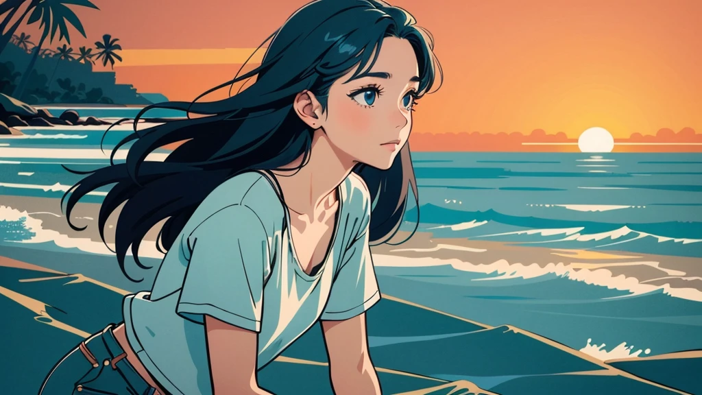 masterpiece, Highest quality, アニメ, Beautiful Asian Girl, K-Pop aesthetics and style, Sunset, 80s American hippie style, Along the Hawaiian Coast, Cute and dreamy,アニメ,Illustrator,LOFI Girl,
