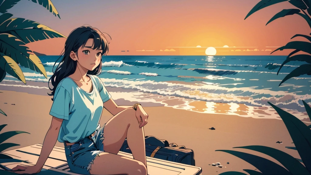 masterpiece, Highest quality, アニメ, Beautiful Asian Girl, K-Pop aesthetics and style, Sunset, 80s American hippie style, Along the Hawaiian Coast, Cute and dreamy,アニメ,Illustrator,LOFI Girl,