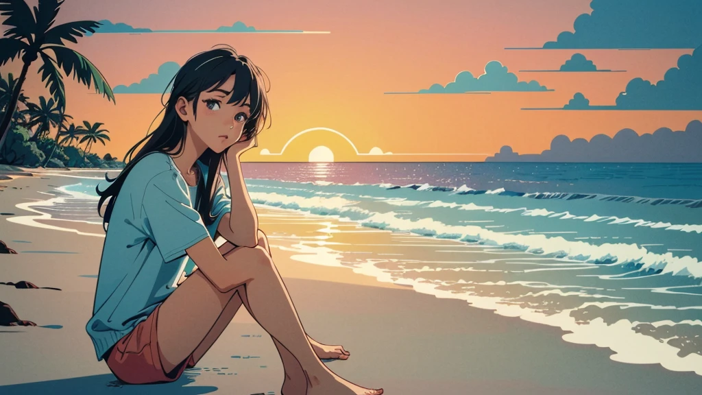 masterpiece, Highest quality, アニメ, Beautiful Asian Girl, K-Pop aesthetics and style, Sunset, 80s American hippie style, Along the Hawaiian Coast, Cute and dreamy,アニメ,Illustrator,LOFI Girl,