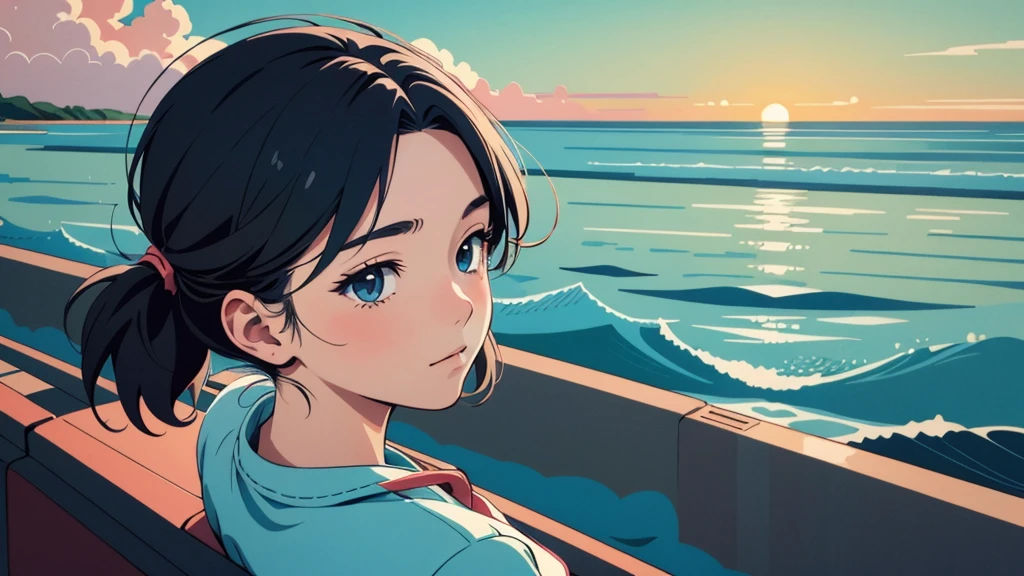 masterpiece, Highest quality, アニメ, Beautiful Asian Girl, K-Pop aesthetics and style, Sunset, 80s American hippie style, Along the Hawaiian Coast, Cute and dreamy,アニメ,Illustrator,LOFI Girl,