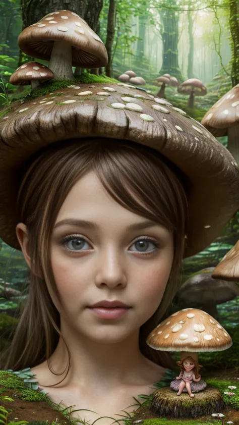 a small fairy girl in a mushroom forest, detailed face, beautiful eyes and lips, long eyelashes, intricate mushroom houses in th...