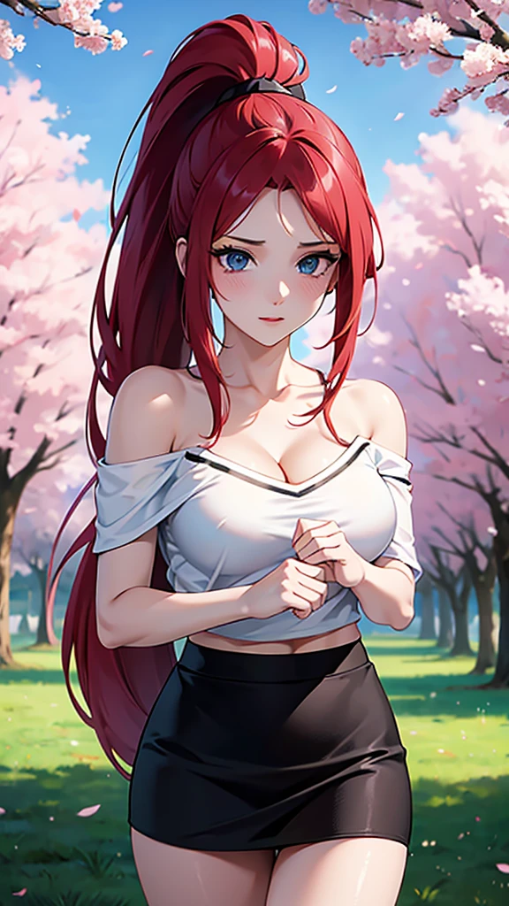 best quality, highres,uzumaki_kushina,Slender、small face、blue eyes、tall、In town、long hair、ponytail,(white short sleeve t-shirt:1.4 BREAK)、(black skirt:1.2)、(beautiful woman:1.5)、25 years old、Mature、midriff peek,(off-the-shoulder:1.3)、(I can see the cleavage:1.3),face on front , standing,cherry trees,full body shot,huge breast