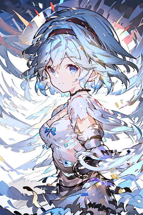 djeeta 　pure white background　blue hair　black headband　facing forward　looks strong　black armor　cleavage is coming out　i have a p...