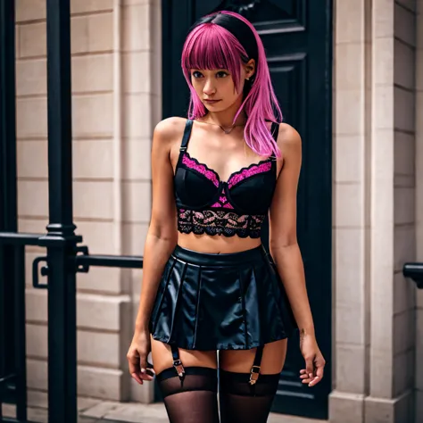 a woman with a gothic bra and a pink and black gothic mini skirt without panties