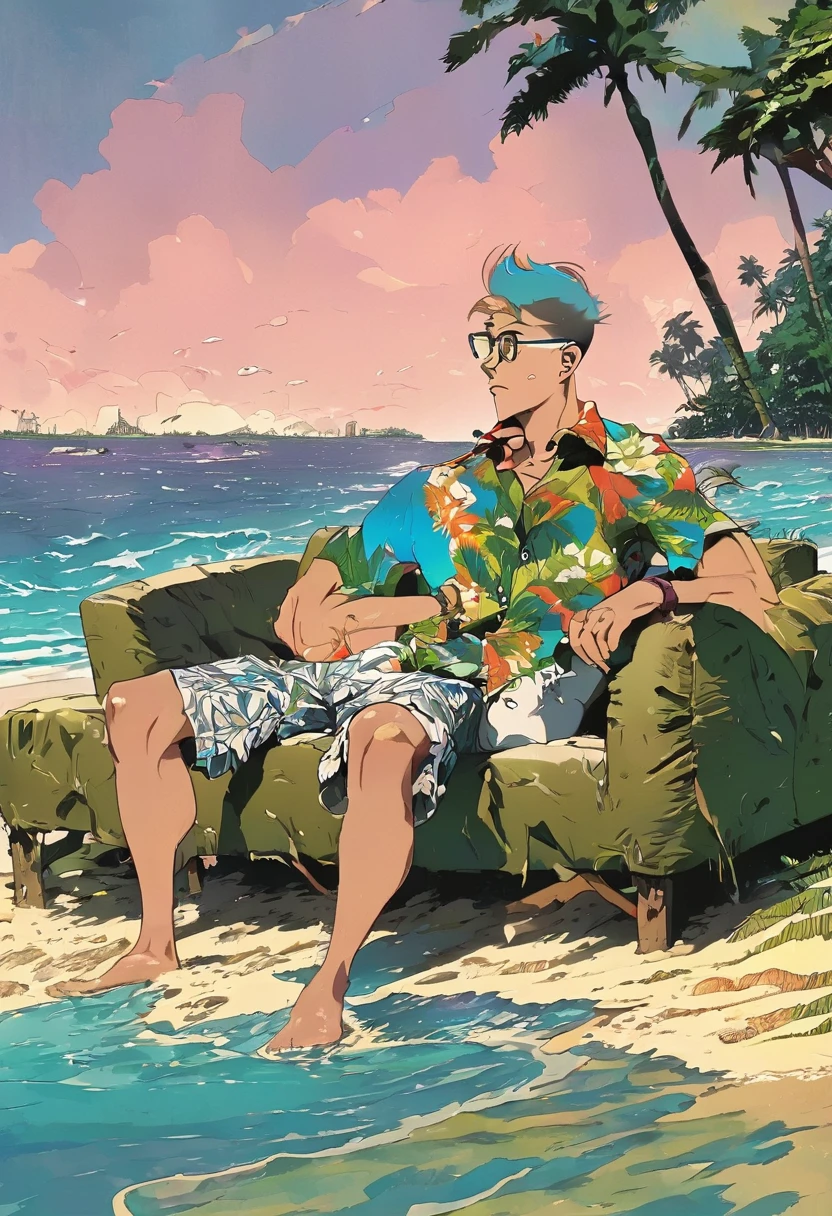 alone, short hair, shirt, 1boy, navel, sitting, male focus, light brown hair, half pink eyes, outdoors, open clothes, sky, shorts, day, cloud, water, tree, open shirt, ocean, beach , glasses, watch, sand, palm tree, open tongue piercing, pants, men's swimwear, Hawaiian shirt