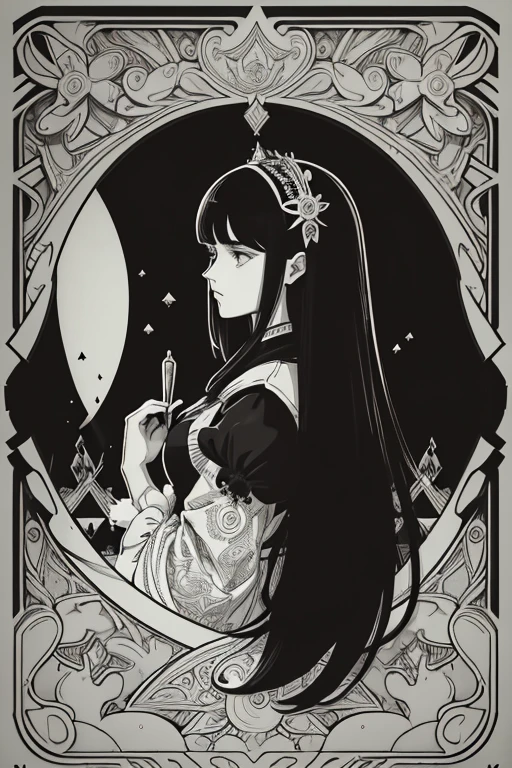 Beardsley style,ink art, pen and ink, (Best Quality,masutepiece:1.2),(black and white comic core:1.1),(extreme high contrast), 8K, SILHOUETTE, Dark ink, 1 beautiful girl, side view, Profile, victorian_gothic_costume, long_hair, bangs, Very_beautiful_face, very_beautiful_eyes, even_eyes