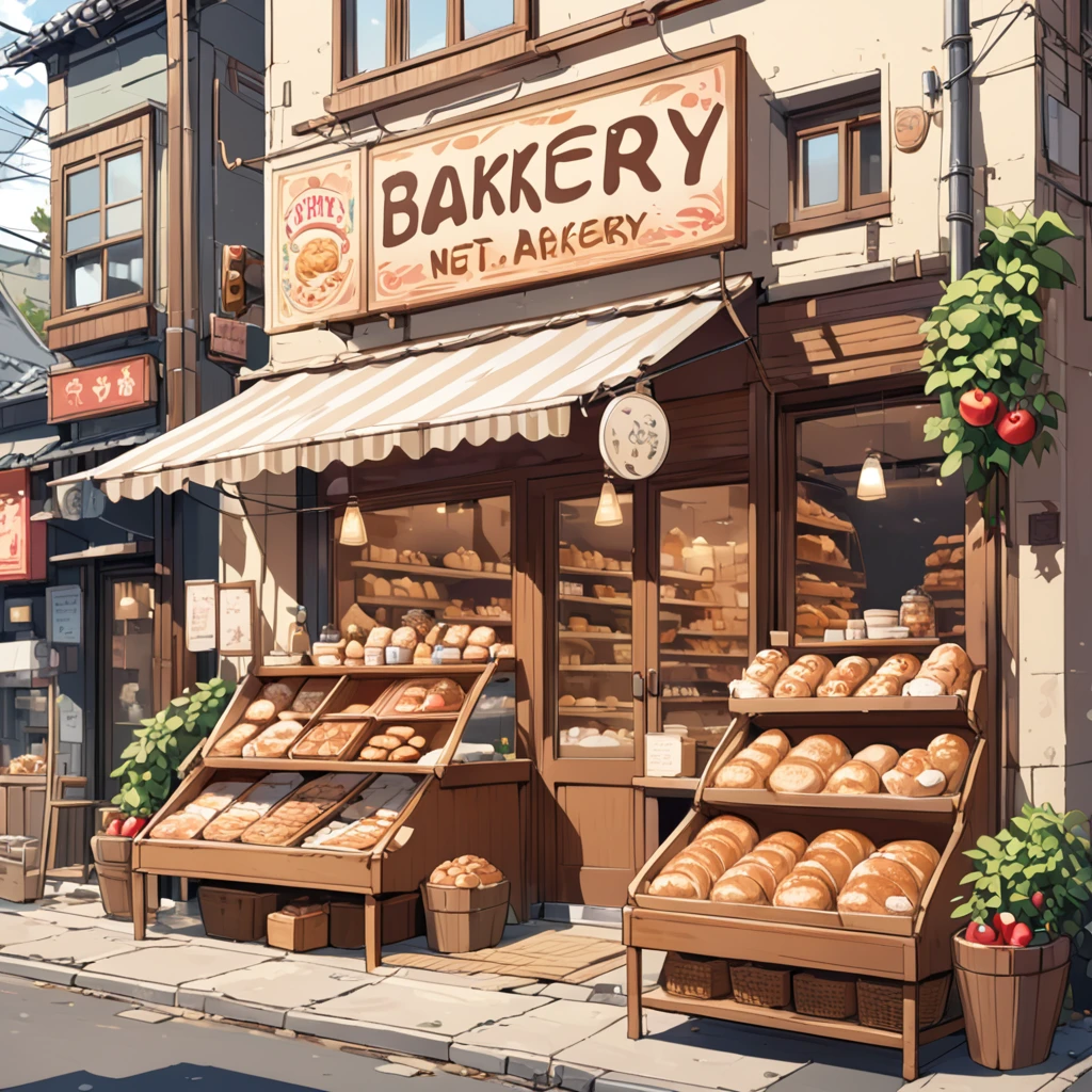 ((tilt-shift photography)), (((bakery next to apple))), ((Japanese cartoon:1.4,illustration)),(masterpiece, top quality, best quality),(Super detailed, absolute resolution),((16K, High resolution)). rest {Lofi Art, Laurie Greasley style, Makoto Shinkai&#39;s style, Japanese cartoon aesthetic}