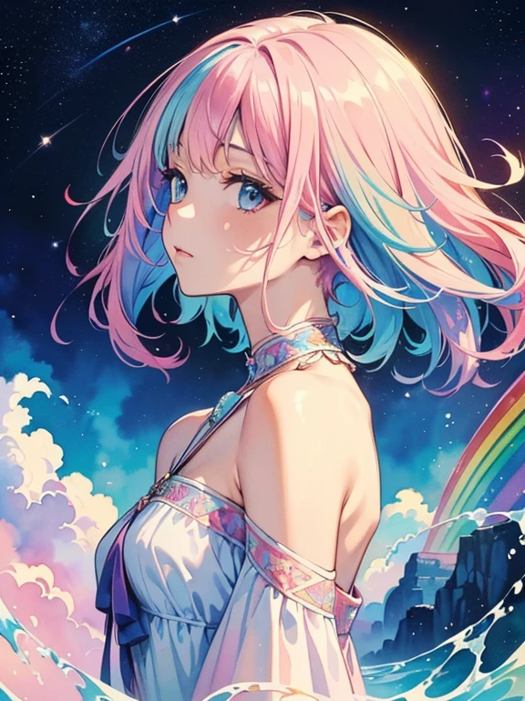 (masterpiece, top quality, best quality,watercolor (medium),official art, beautiful and aesthetic:1.2),(1girl:1.3), (fractal art:1.3),upper body, from side, looking at viewer,patterns,(rainbow color Hair,colorful hair,half blue and half pink hair:1.2),water,liquid, cloud,colorful, starry,stars,