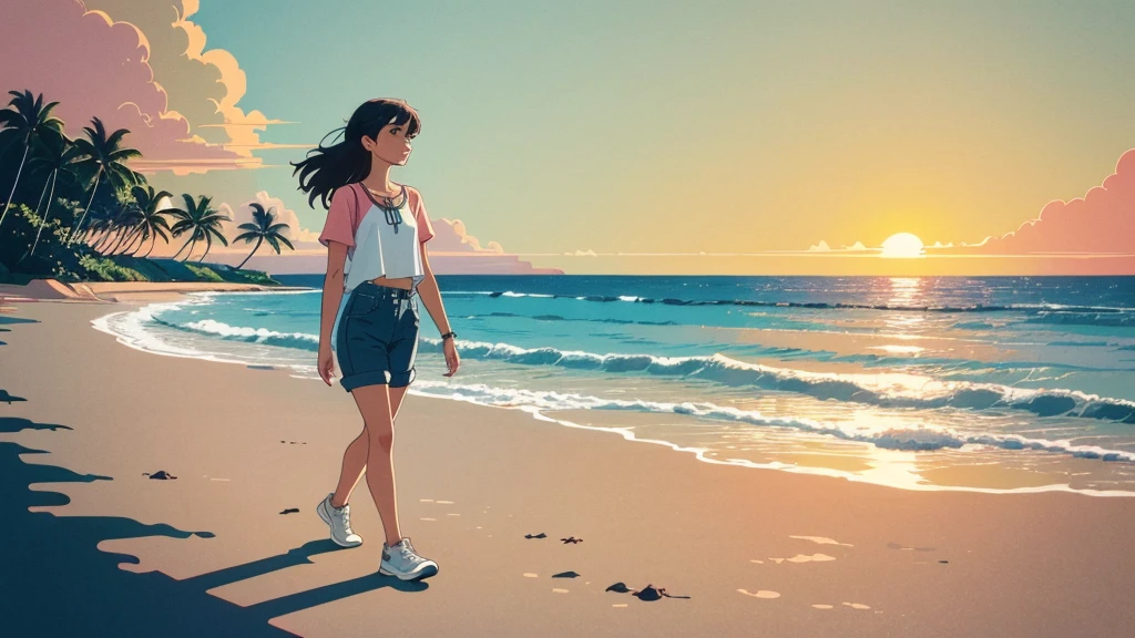 masterpiece, Highest quality, アニメ, Beautiful Asian Girl, K-Pop aesthetics and style, Sunset, 80s American hippie style, Along the Hawaiian Coast, Cute and dreamy,アニメ,Illustrator,LOFI Girl,Walking along the shore,Hawaii, foreign country,exotic,