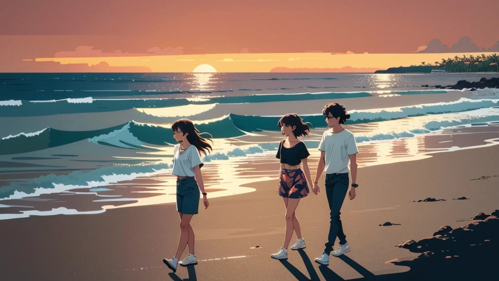 masterpiece, Highest quality, アニメ, Beautiful Asian Girl, K-Pop aesthetics and style, Sunset, 80s American hippie style, Along the Hawaiian Coast, Cute and dreamy,アニメ,Illustrator,LOFI Girl,Walking along the shore,Hawaii, foreign country,exotic,