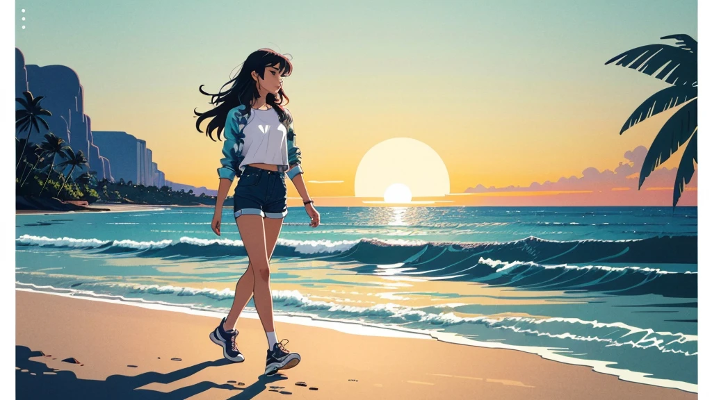 masterpiece, Highest quality, アニメ, Beautiful Asian Girl, K-Pop aesthetics and style, Sunset, 80s American hippie style, Along the Hawaiian Coast, Cute and dreamy,アニメ,Illustrator,LOFI Girl,Walking along the shore,Hawaii, foreign country,exotic,